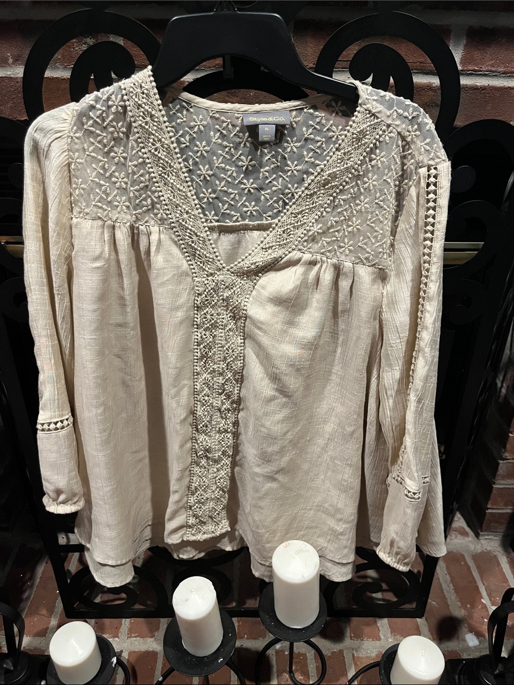 Style and Co. Beige Embroidered V-Neck BoHo Blouse Size:XL